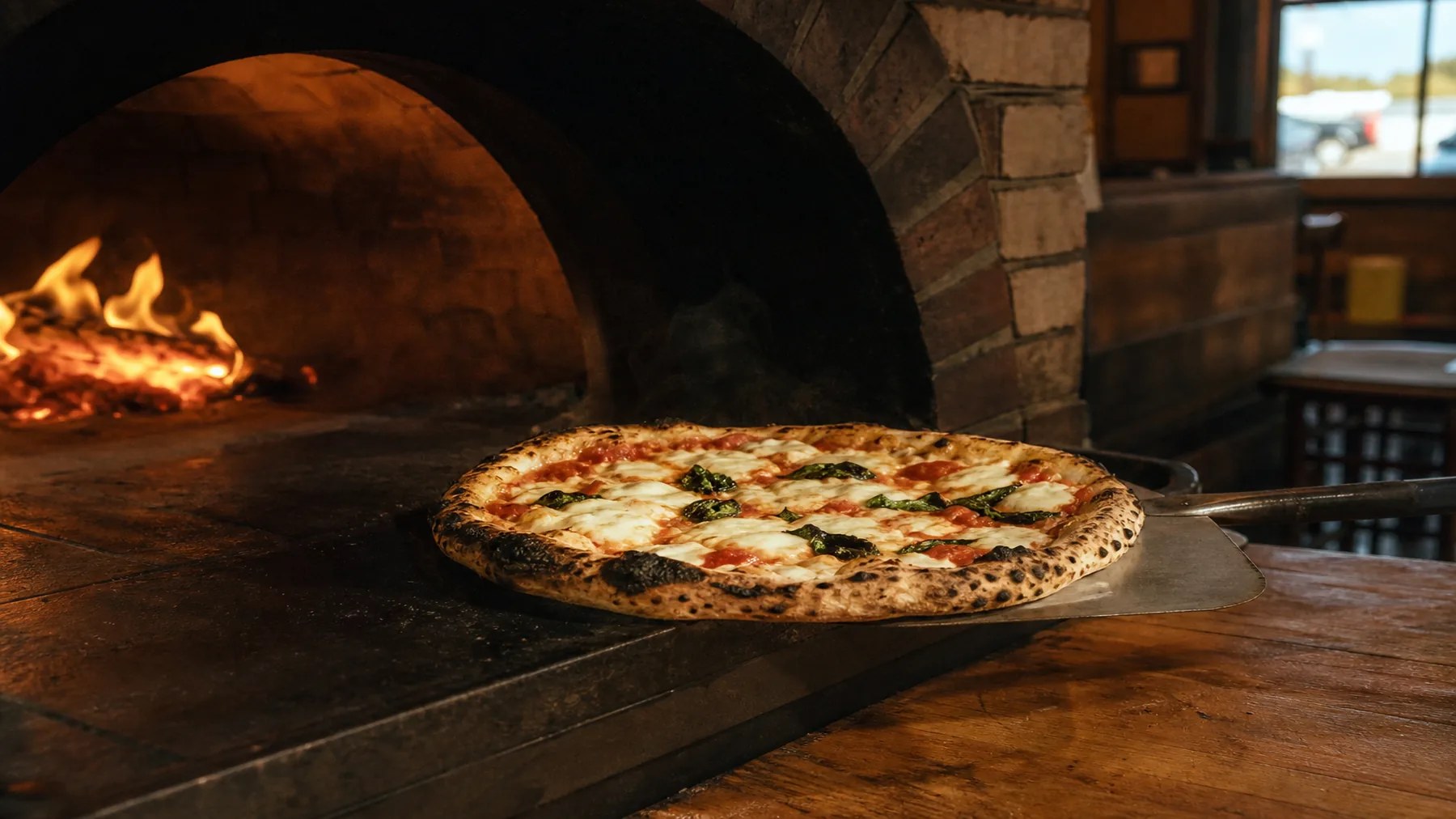Wood-fired pizza coming out of a brick oven